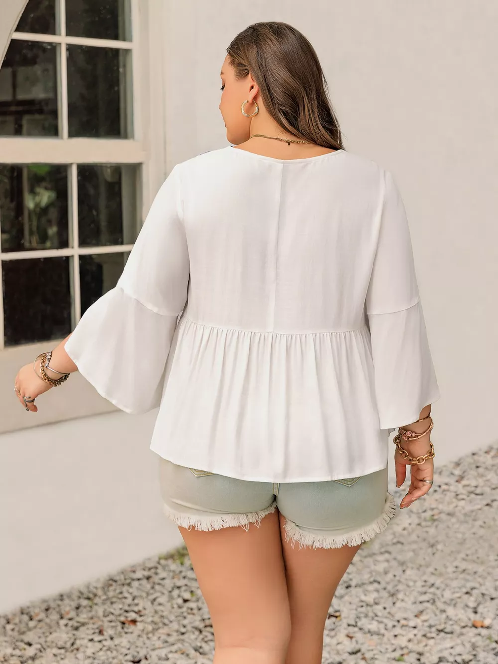Plus Size Geometric V-Neck Flare Sleeve Blouse, image 6