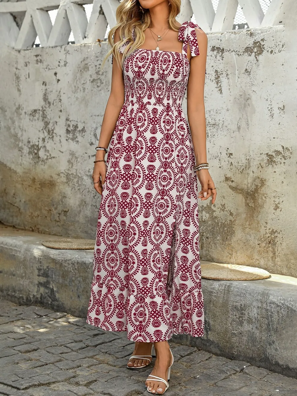 Smocked Slit Printed Tie Shoulder Dress, image 3