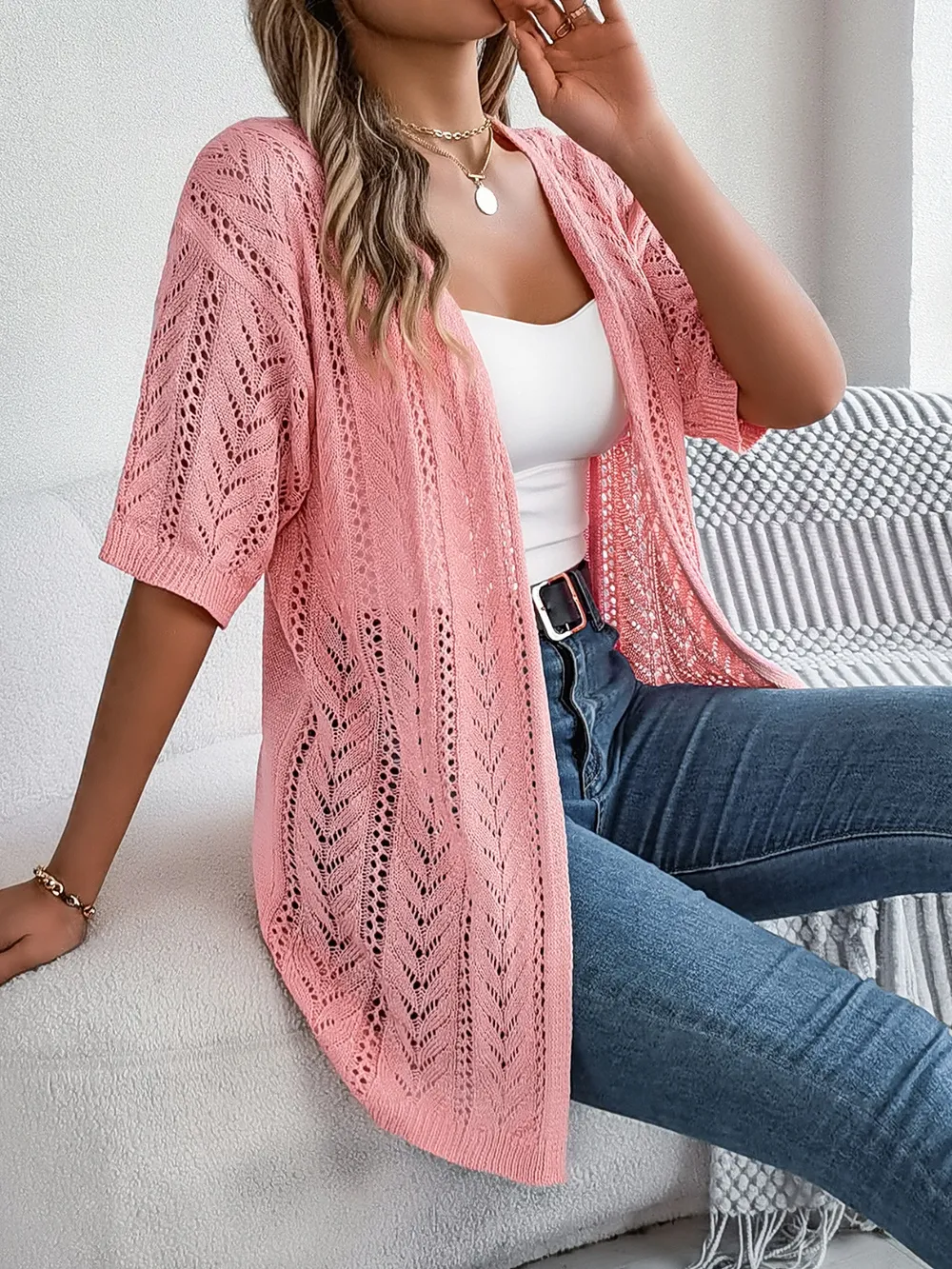 Openwork Open Front Half Sleeve Cardigan, image 9