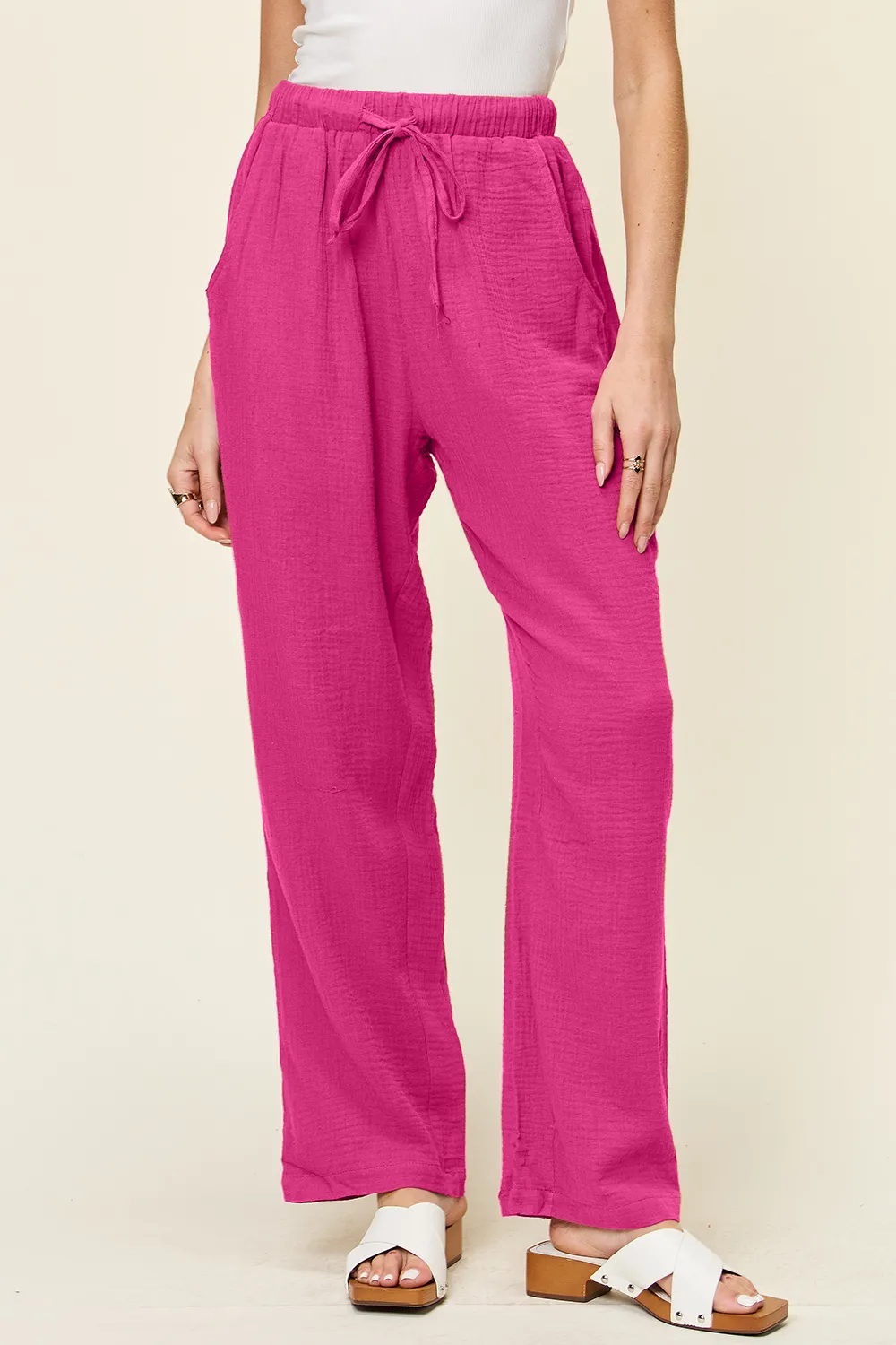 Full Size Texture Drawstring Straight Pants, image 4