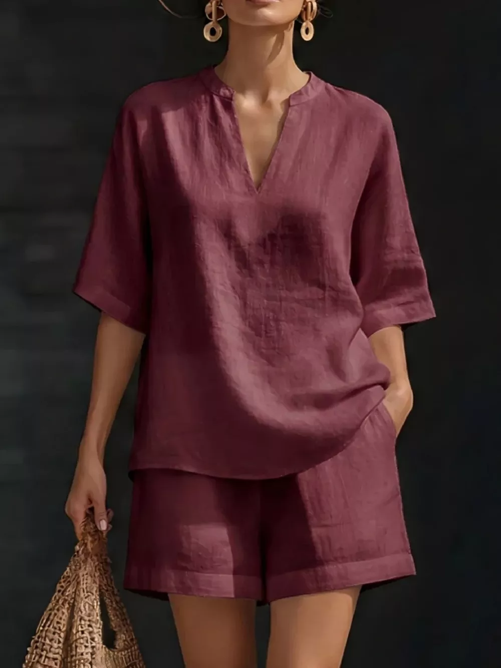 Full Size Notched Half Sleeve Top and Shorts Set Plus Size, image 15