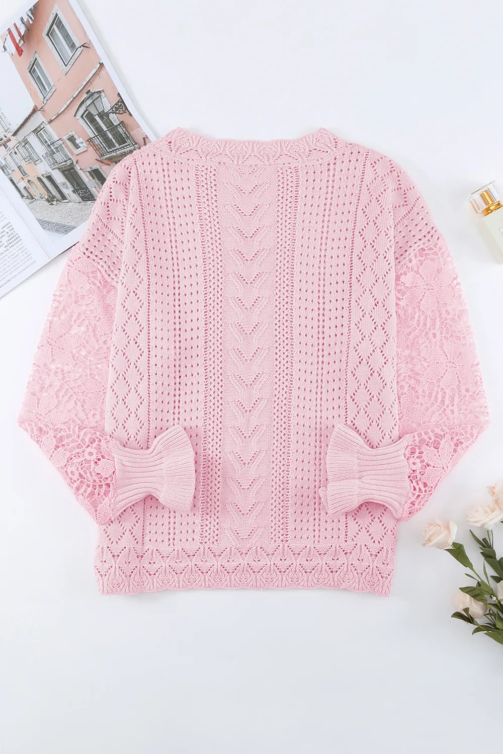 Openwork Round Neck Long Sleeve Sweater, image 5
