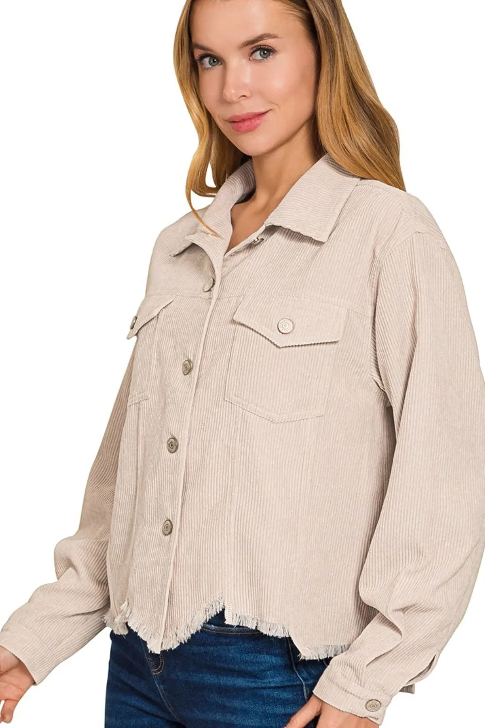 Distressed Corduroy Frayed Hem Cropped Jacket, image 2