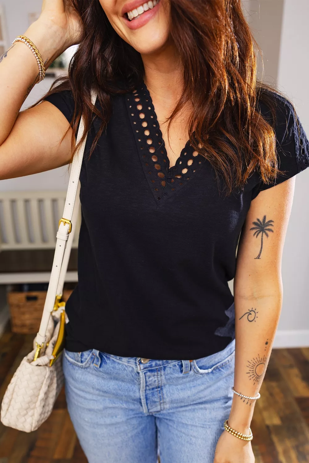 Cutout Embroidered Trim V Neck Cap Sleeve Tee, image 6