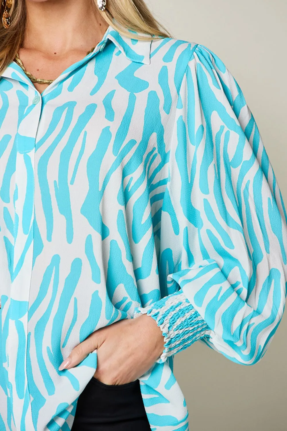 Full Size Printed Smocked Long Sleeve Blouse Plus Size, image 20