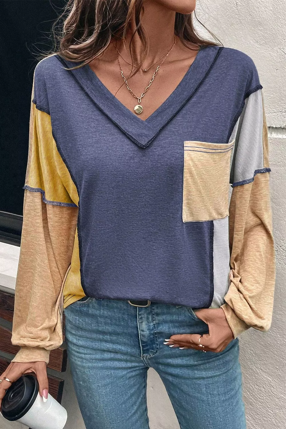 Color Block V-Neck Long Sleeve Blouse, image 2