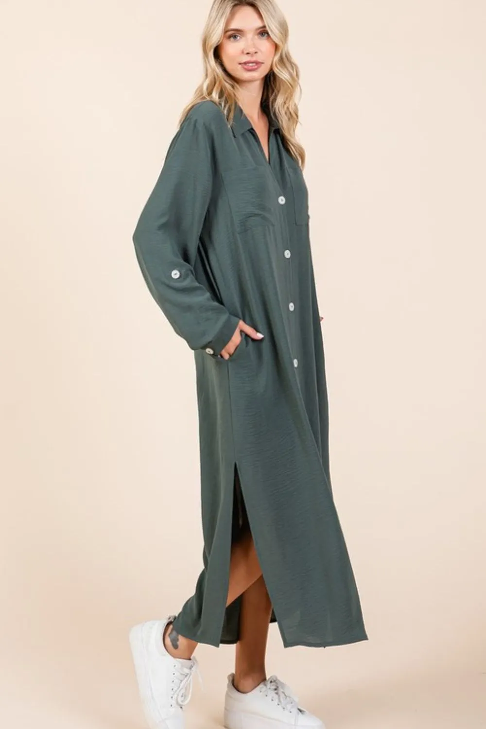 Airflow V-Neck Long Sleeve Button Down Maxi Dress, image 3