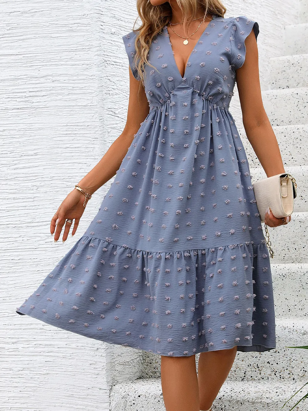 Swiss Dot V-Neck Cap Sleeve Dress, image 3
