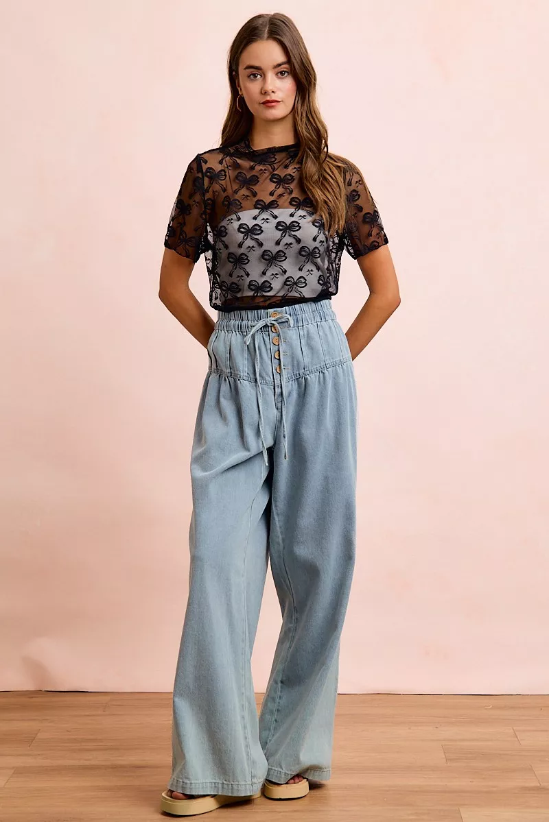 High Neckline Short Sleeves Bow Pattern Mesh Top, image 11
