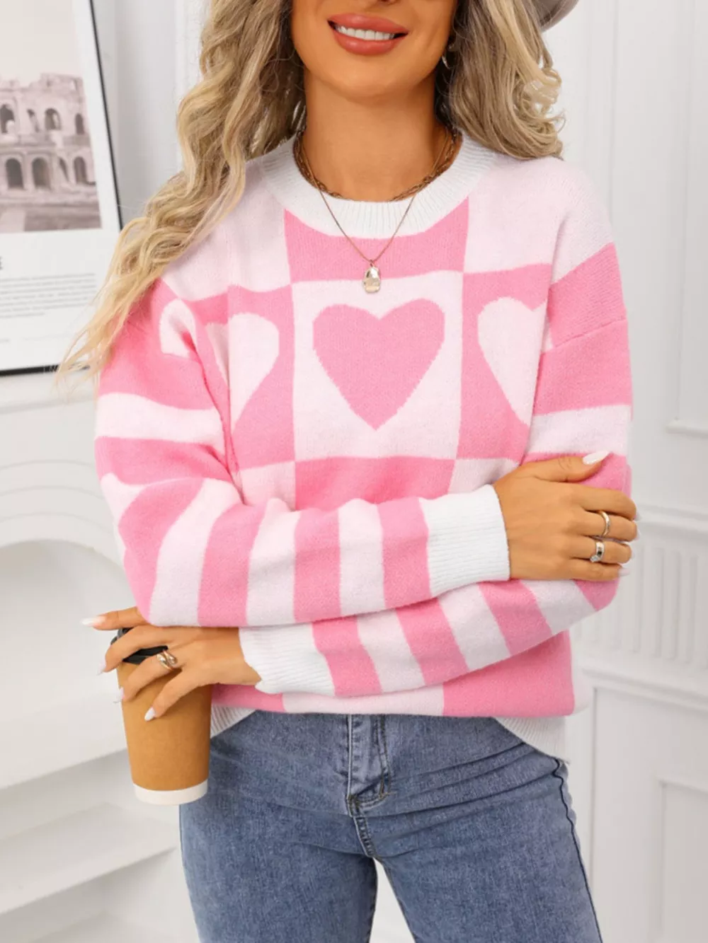 Heart Pattern Checkerboard Knit Sweater, image 8