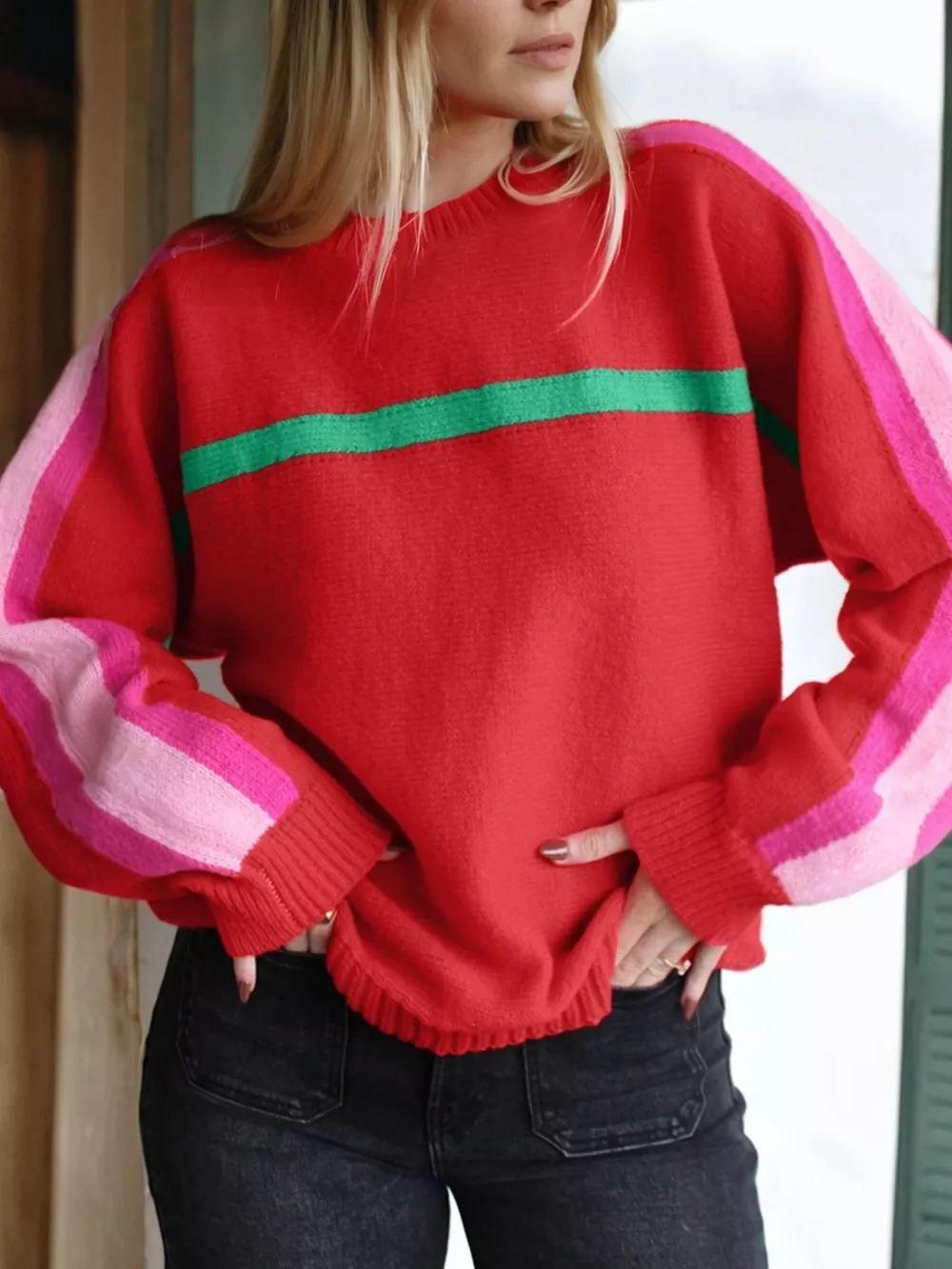 Striped Sleeve Crew Neck Sweater, image 2