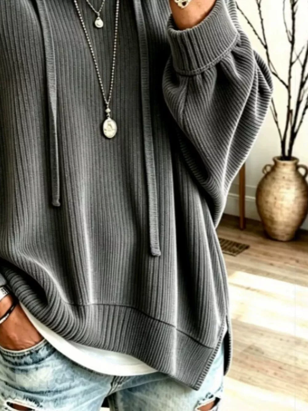 Drawstring Ribbed Knit Hoodie, image 12