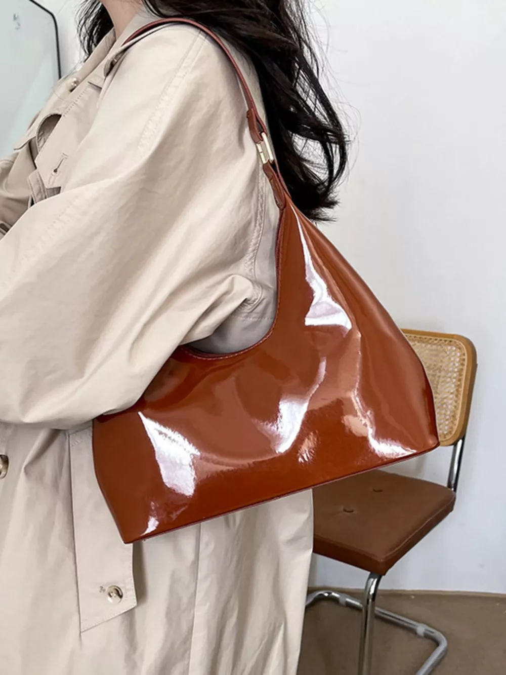 Solid Color Leather Shoulder Bag, image 5