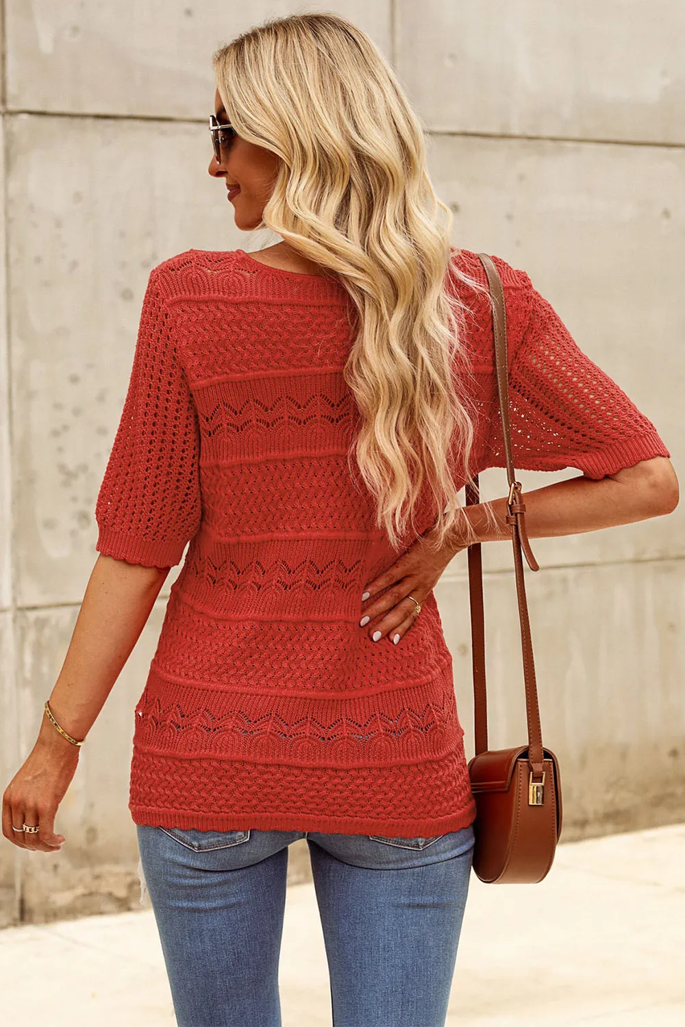 Openwork Round Neck Half Sleeve Knit Top, image 2