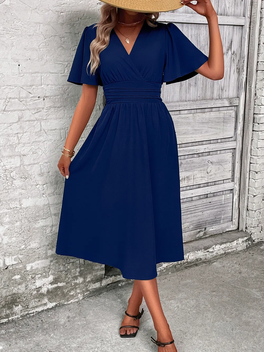 Surplice Flutter Sleeve Midi Dress, image 2