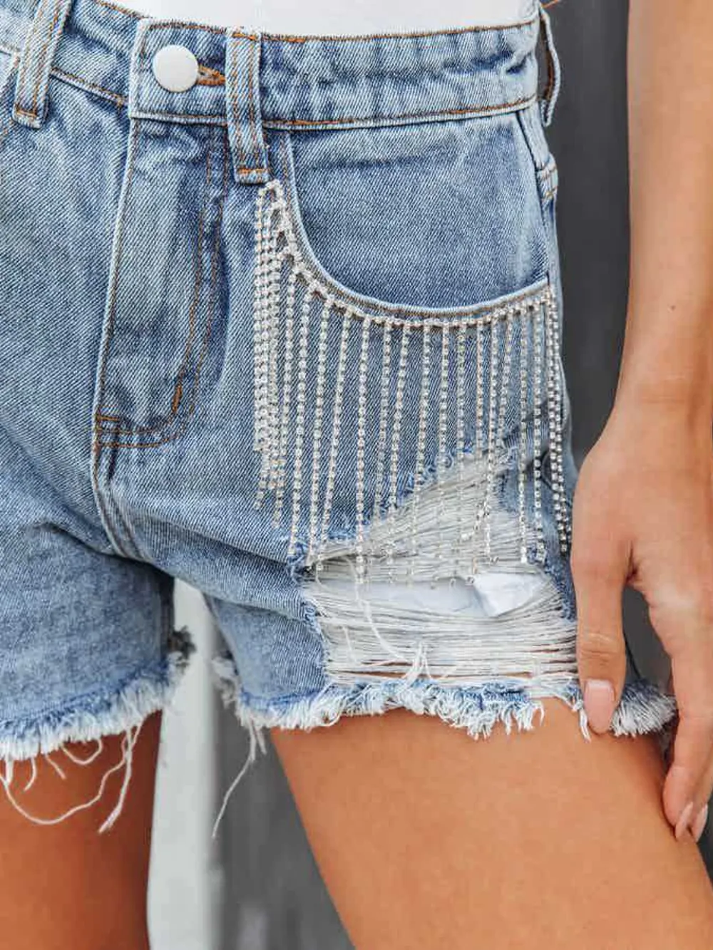 Distressed Fringe Denim Shorts with Pockets, image 2