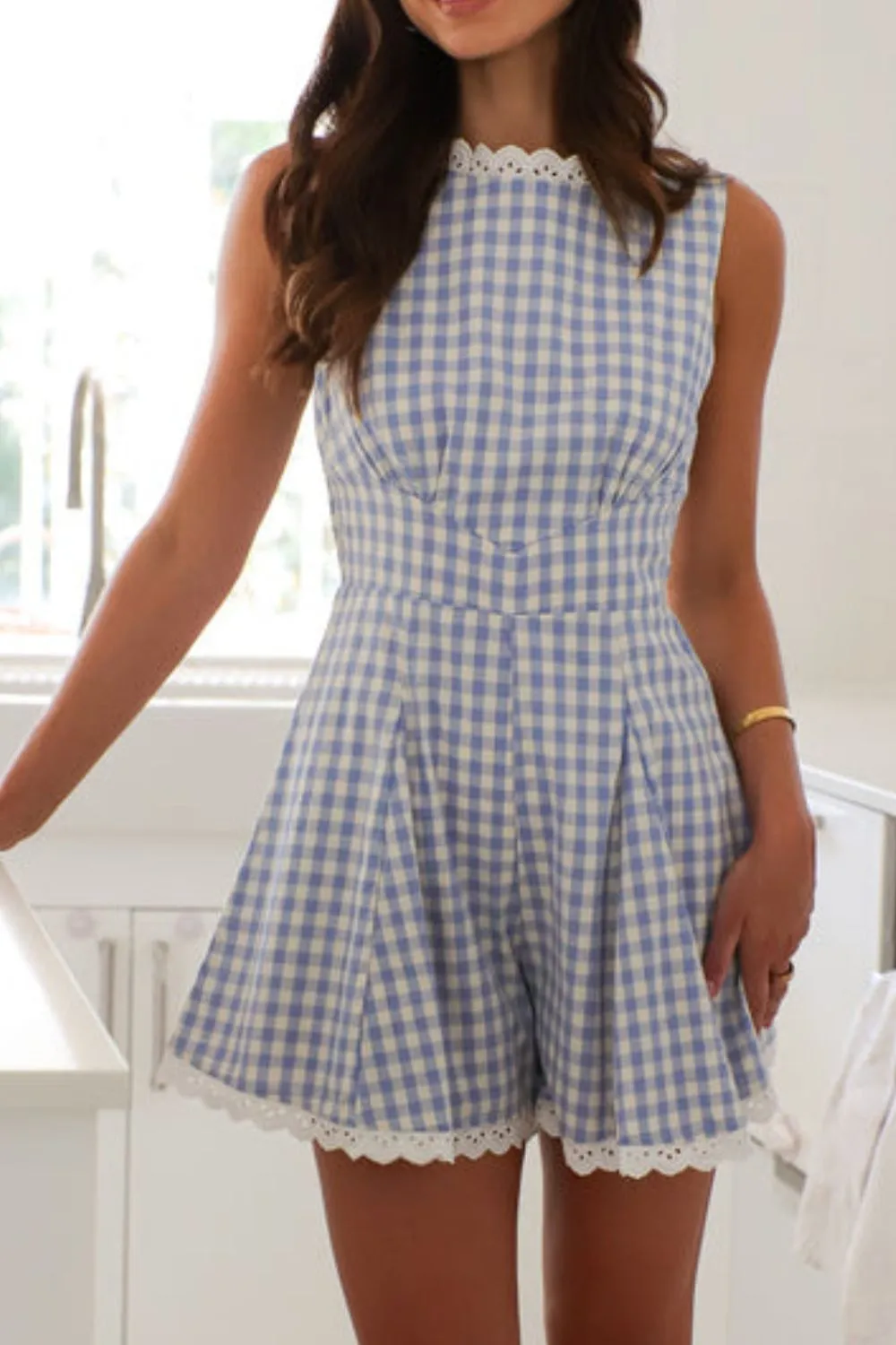 Lace Detail Plaid Sleeveless Romper, image 7