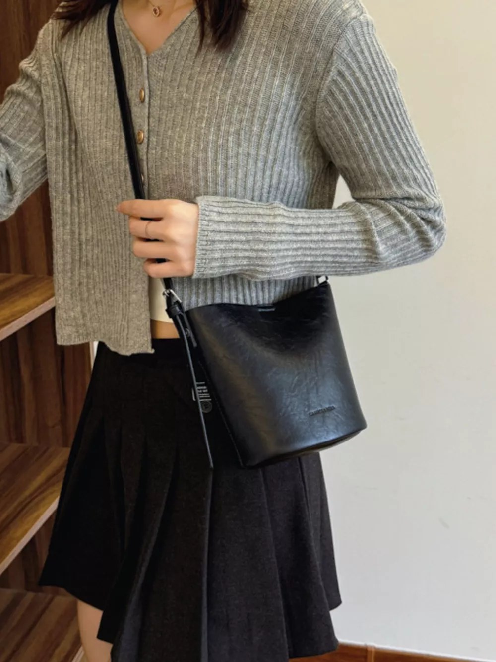 Leather Bucket Crossbody Bag, image 3