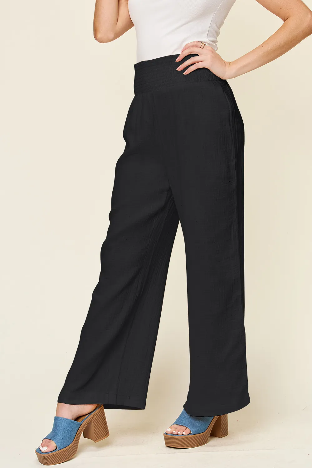 Full Size Texture Smocked Waist Wide Leg Pants, image 7