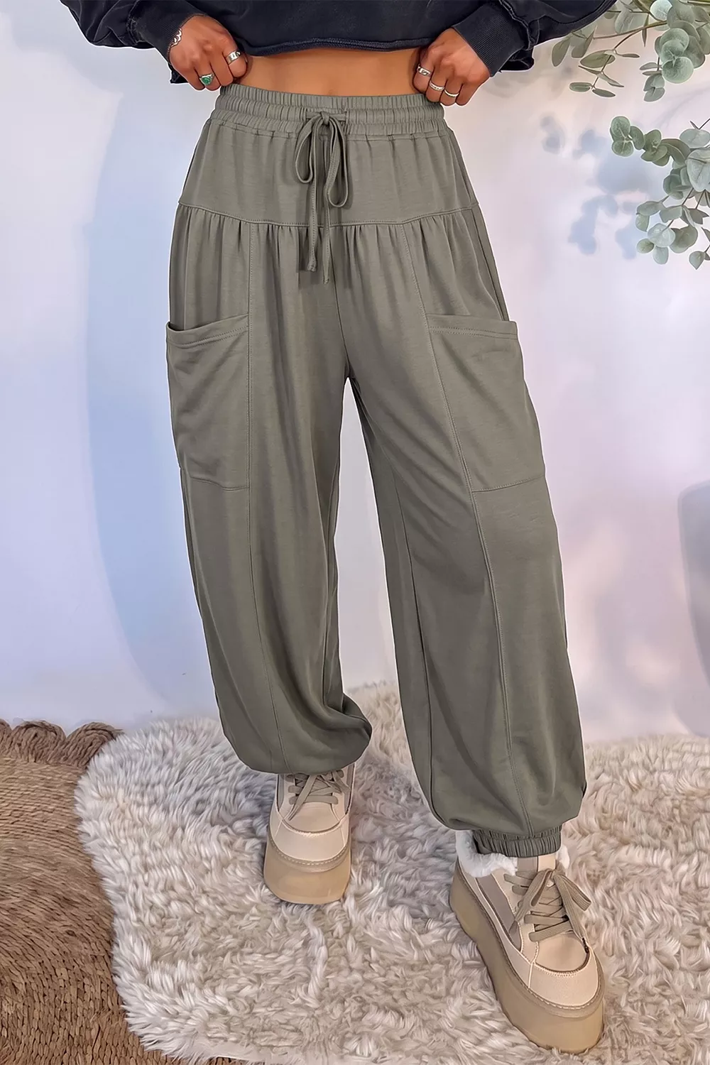 Elastic Waist Drawstring Wide Leg Full Length Pants, image 3