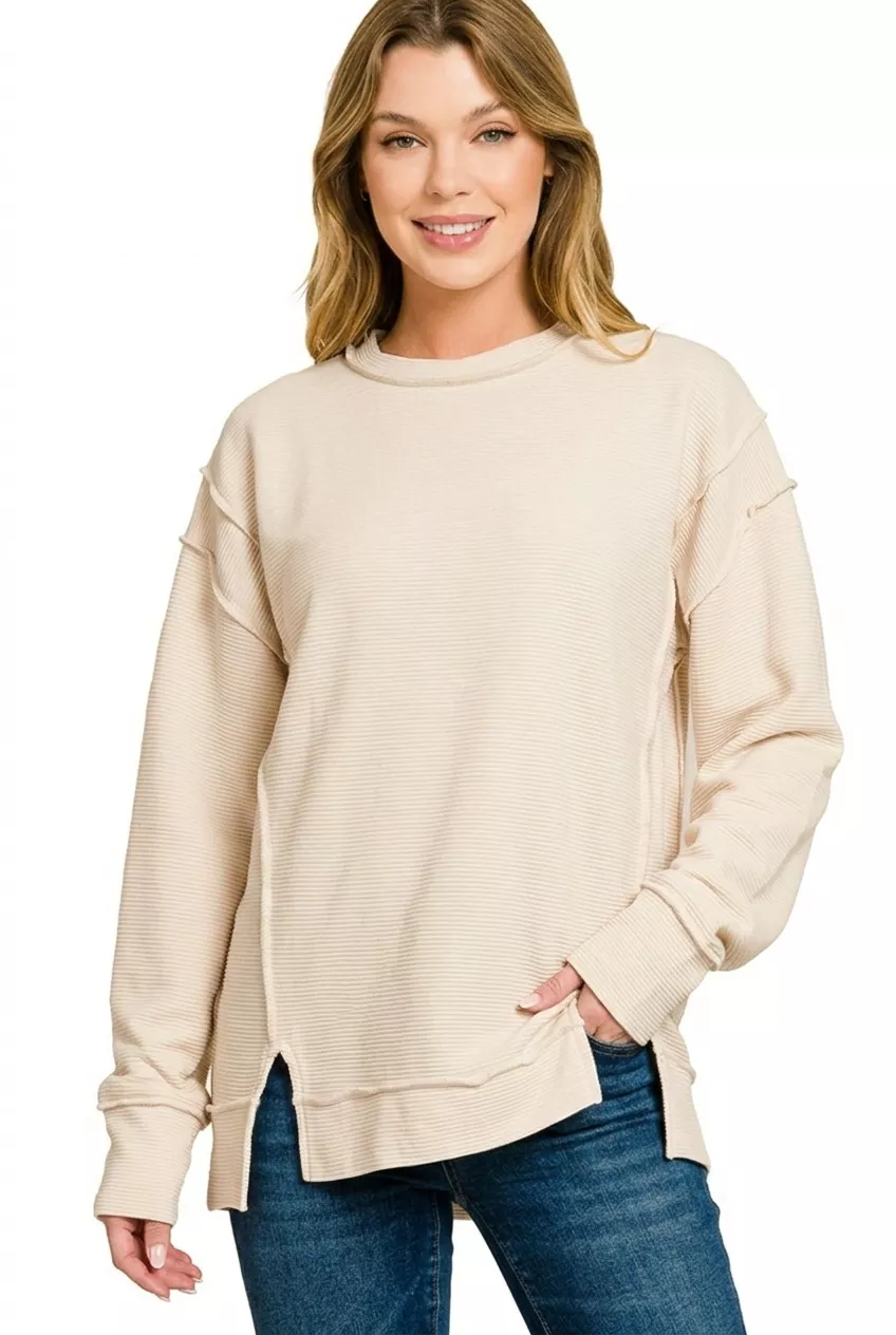 Acid Washed Double Ribbed Exposed-Seam Sweatshirt, image 2