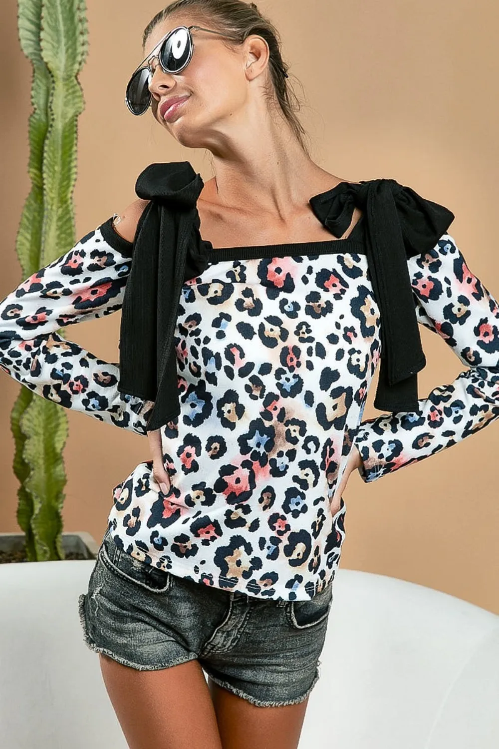 Leopard Shoulder Tie Long Sleeve Top, image 5