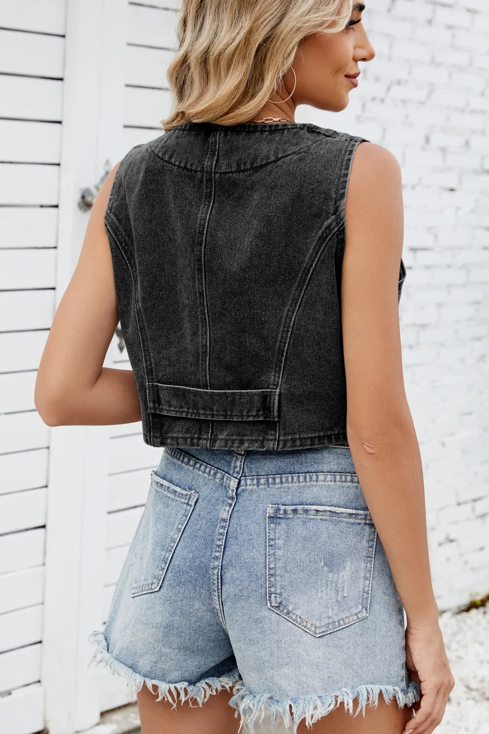 Button Down V-Neck Denim Vest, image 3