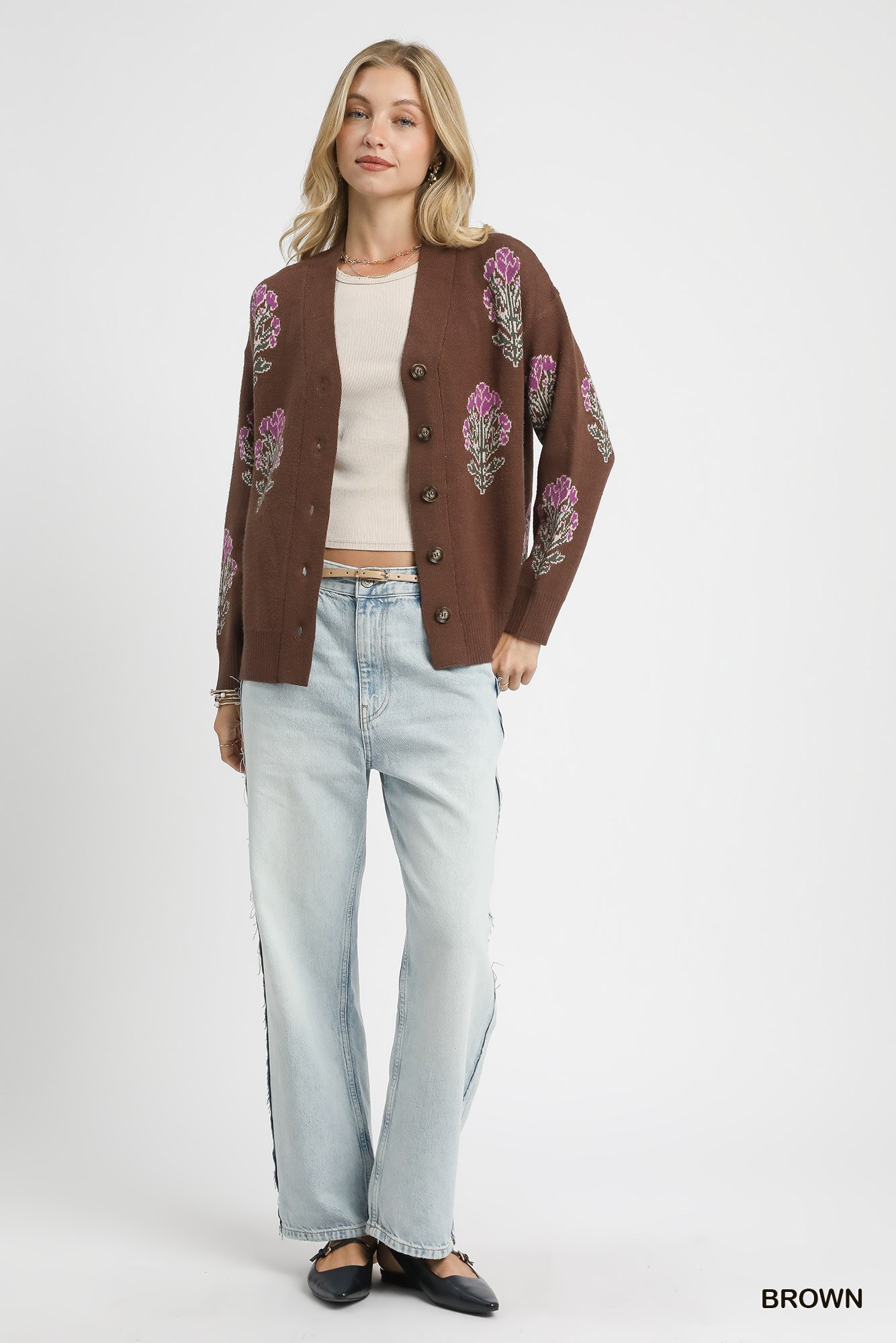 Single Flower Stem Jacquard Cardigan Sweater, image 2