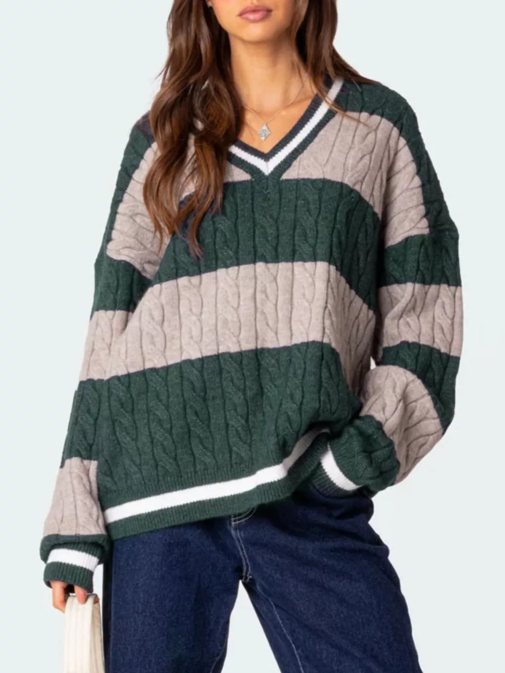 Striped Cable Knit V-Neck Sweater, image 13