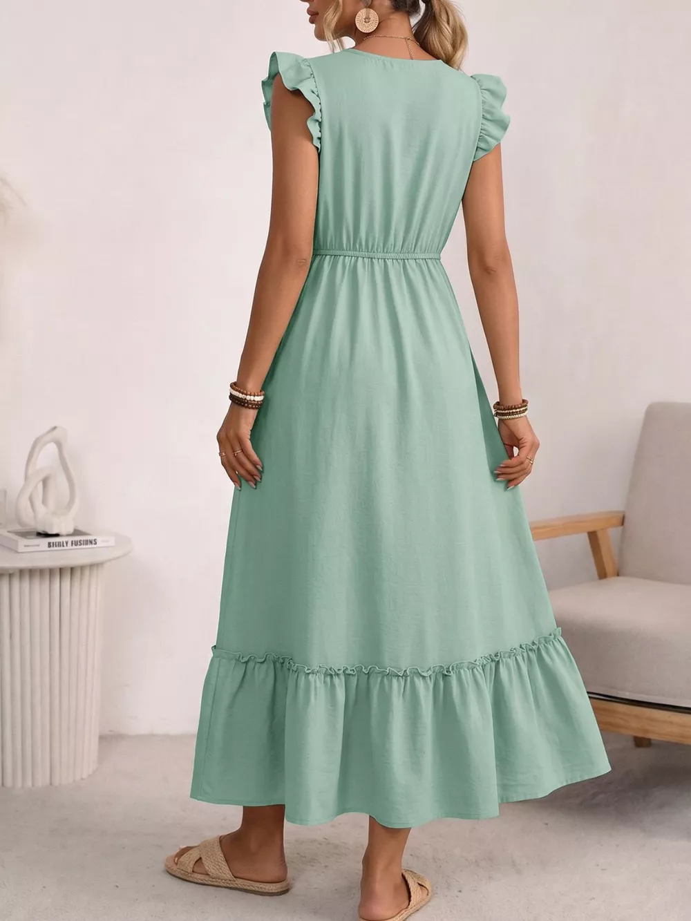 Tie Neck Ruffle Sleeve Maxi Dress, image 5