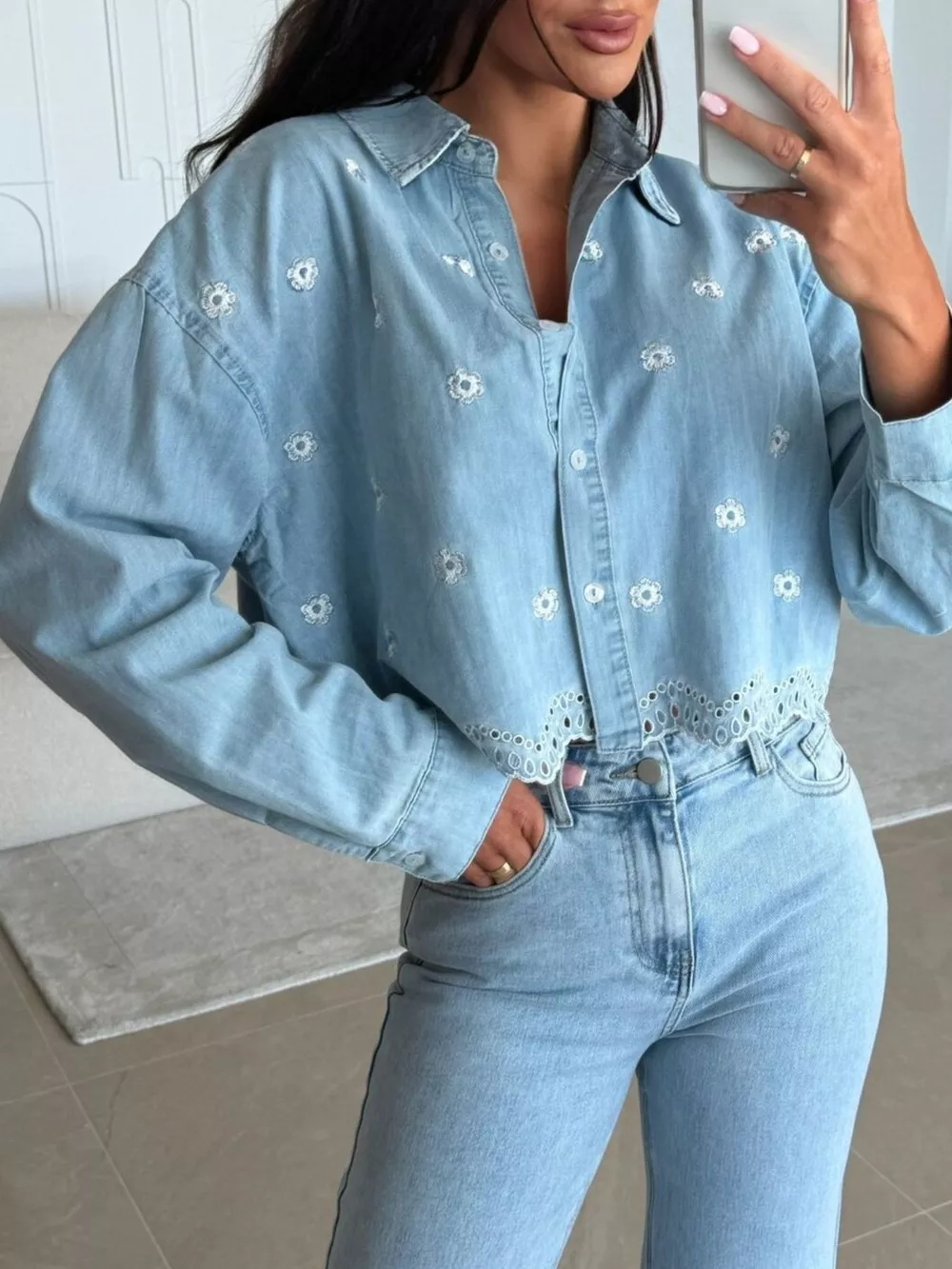 Embroidered Cropped Denim Shirt, image 2