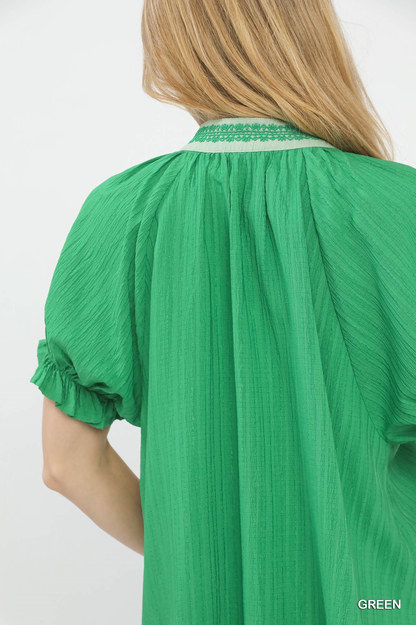 Textured V-Neck Top with Lace Trim Details, image 2