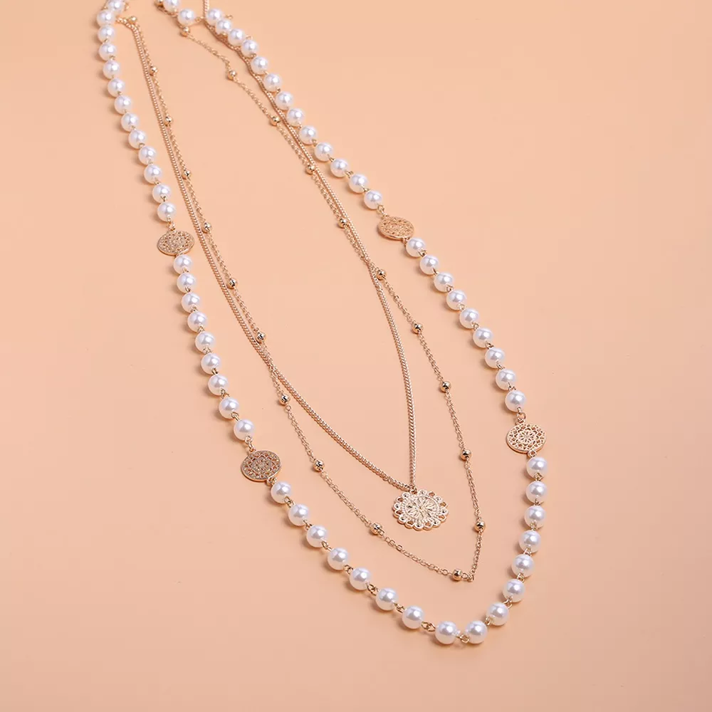 Multi-Layered Pearl and Coin Pendant Necklace, image 8
