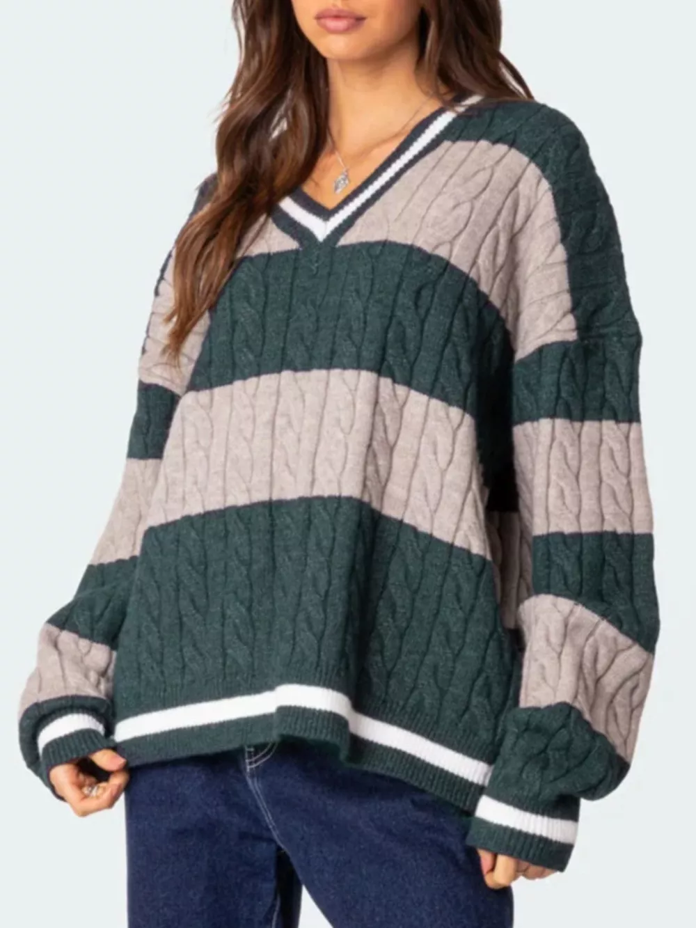 Striped Cable Knit V-Neck Sweater, image 15