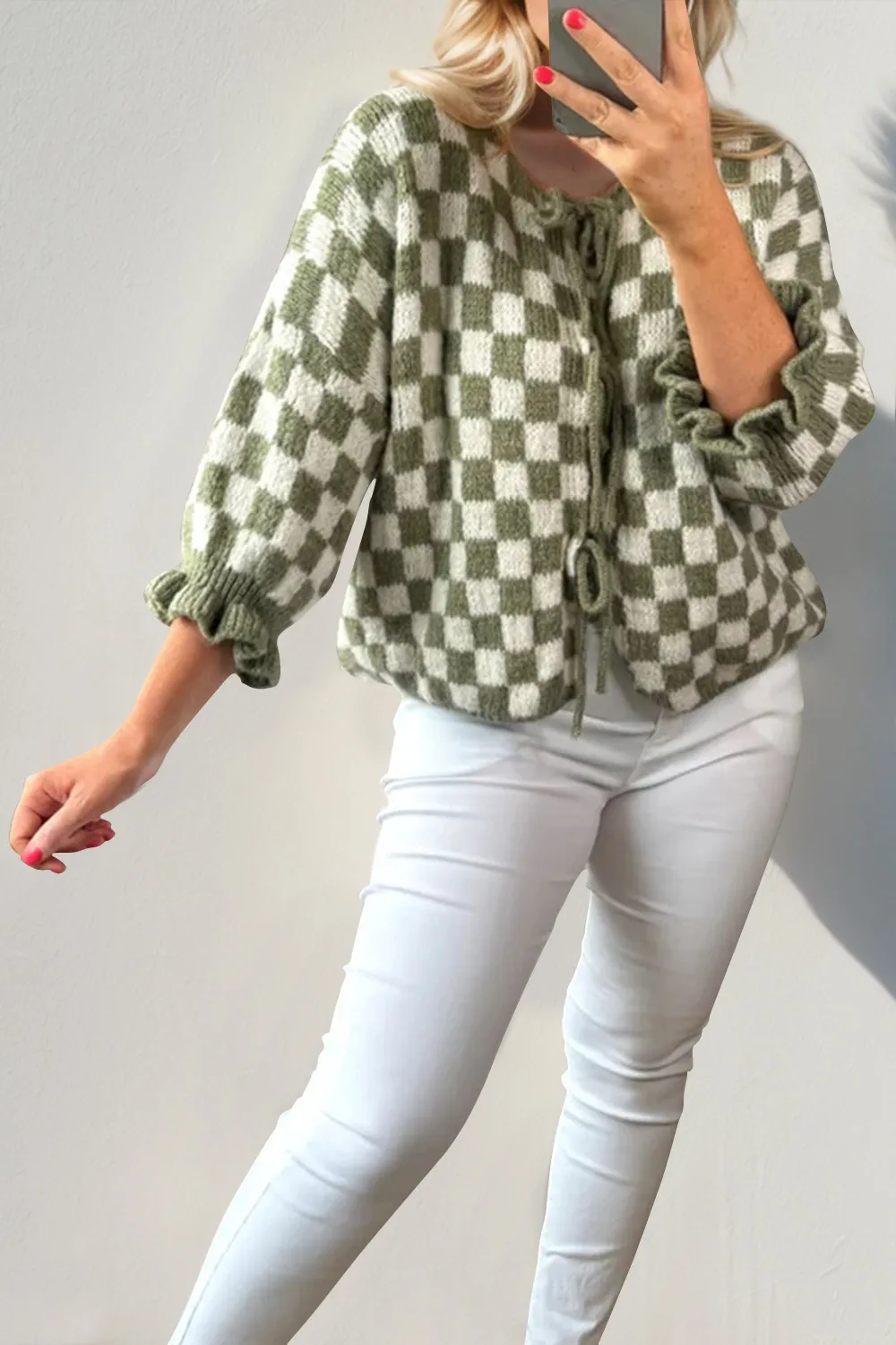 Tied Checkered Dropped Shoulder Flounce Sleeve Cardigan, image 5