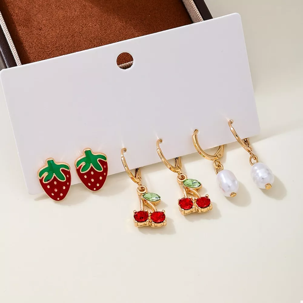 3 Piece 18K Gold-Plated Strawberry Cherry and Pearl Earrings, image 4