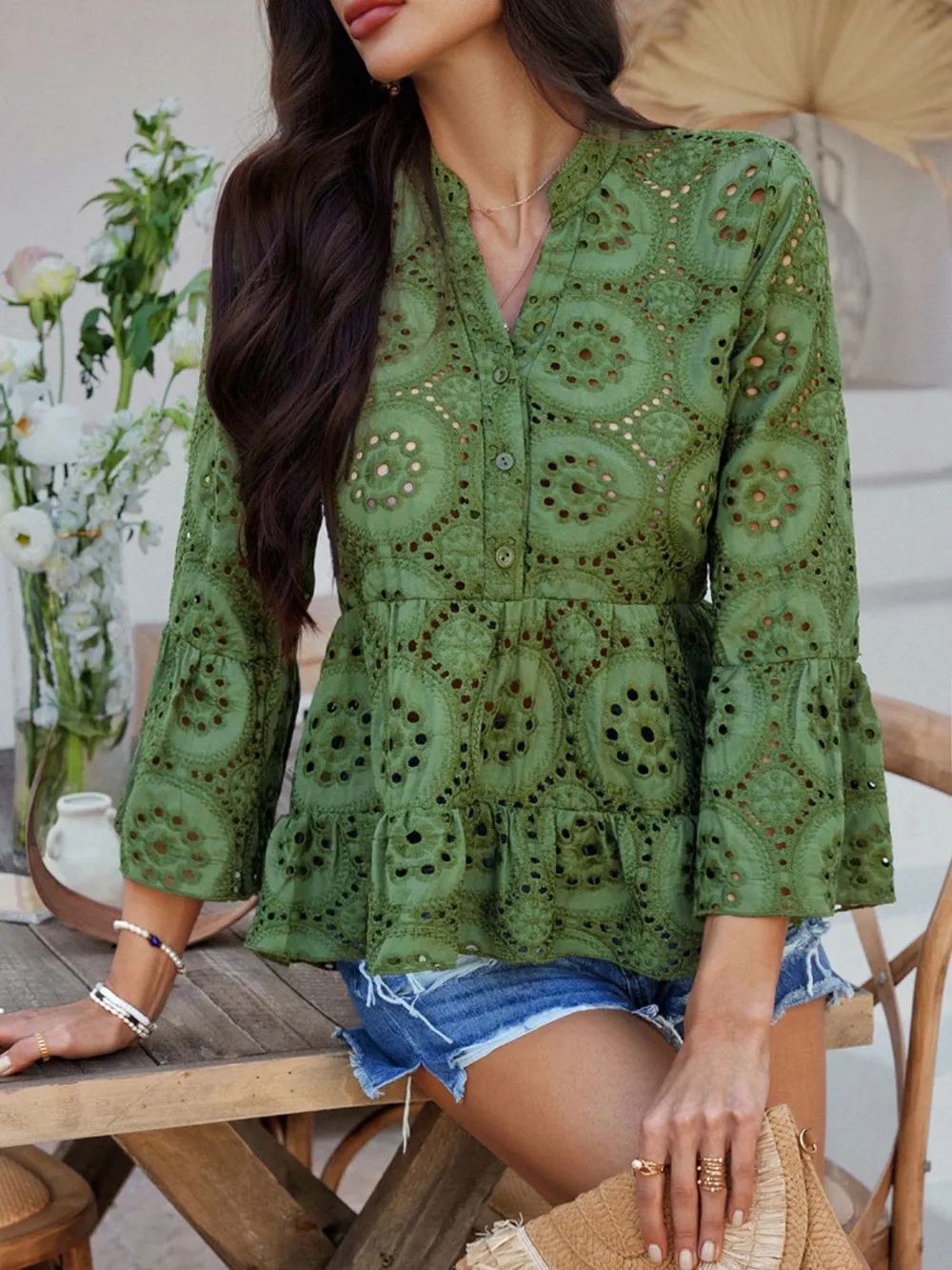 Half Button Flounce Sleeve Peplum Blouse, image 6