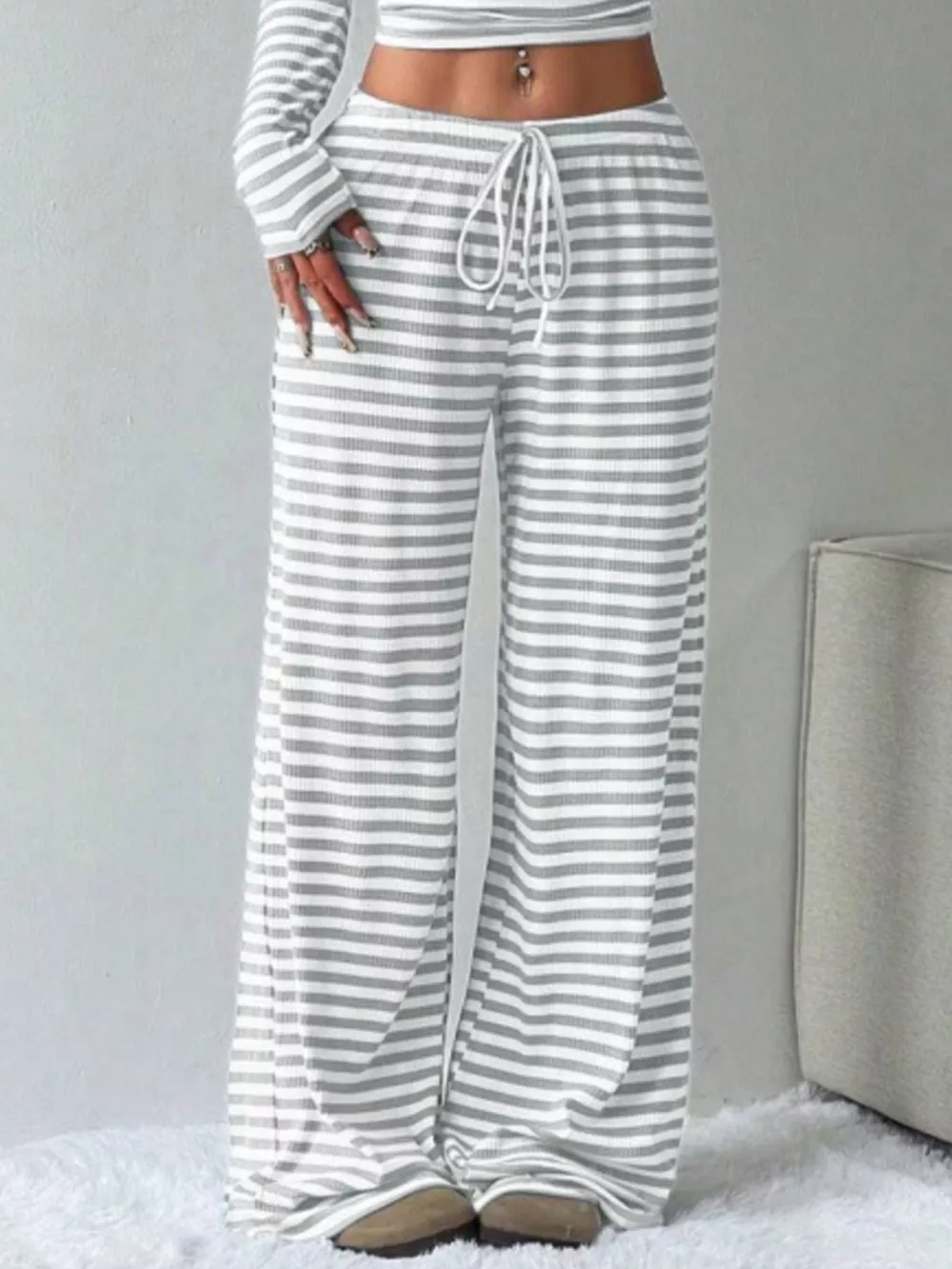 Striped Long Sleeve Crop Top and Wide Leg Pants Set, image 2