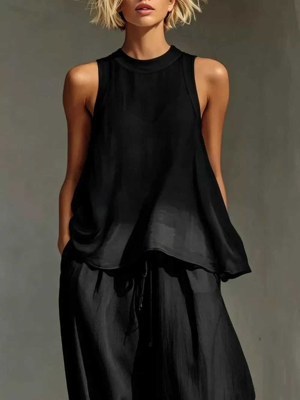 Full Size Sheer Sleeveless Top and Wide-Leg Pants Set Plus Size, image 5
