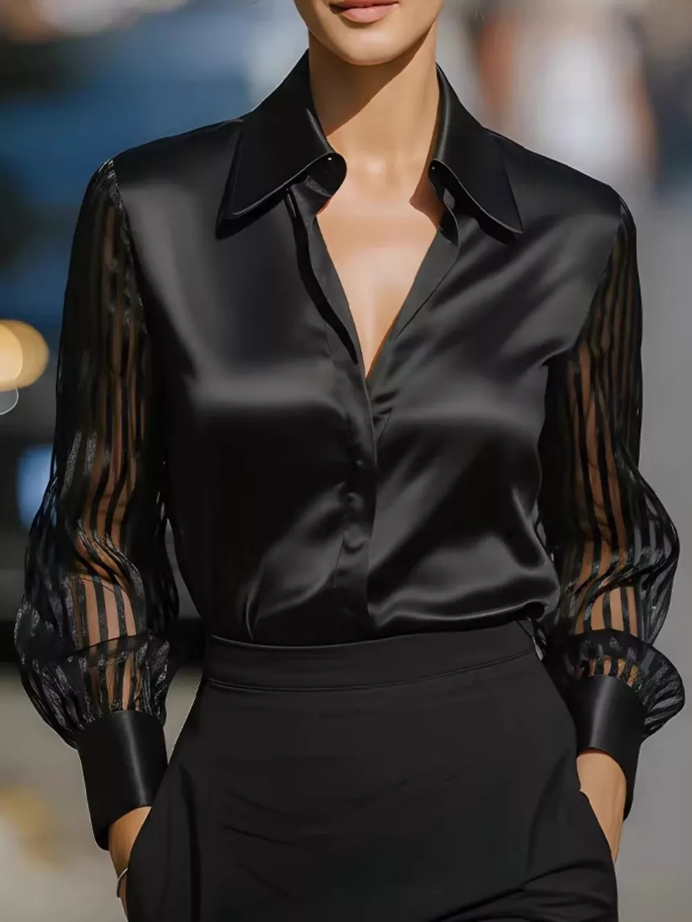 Elegant Shirt with Sheer Striped Sleeves, image 6