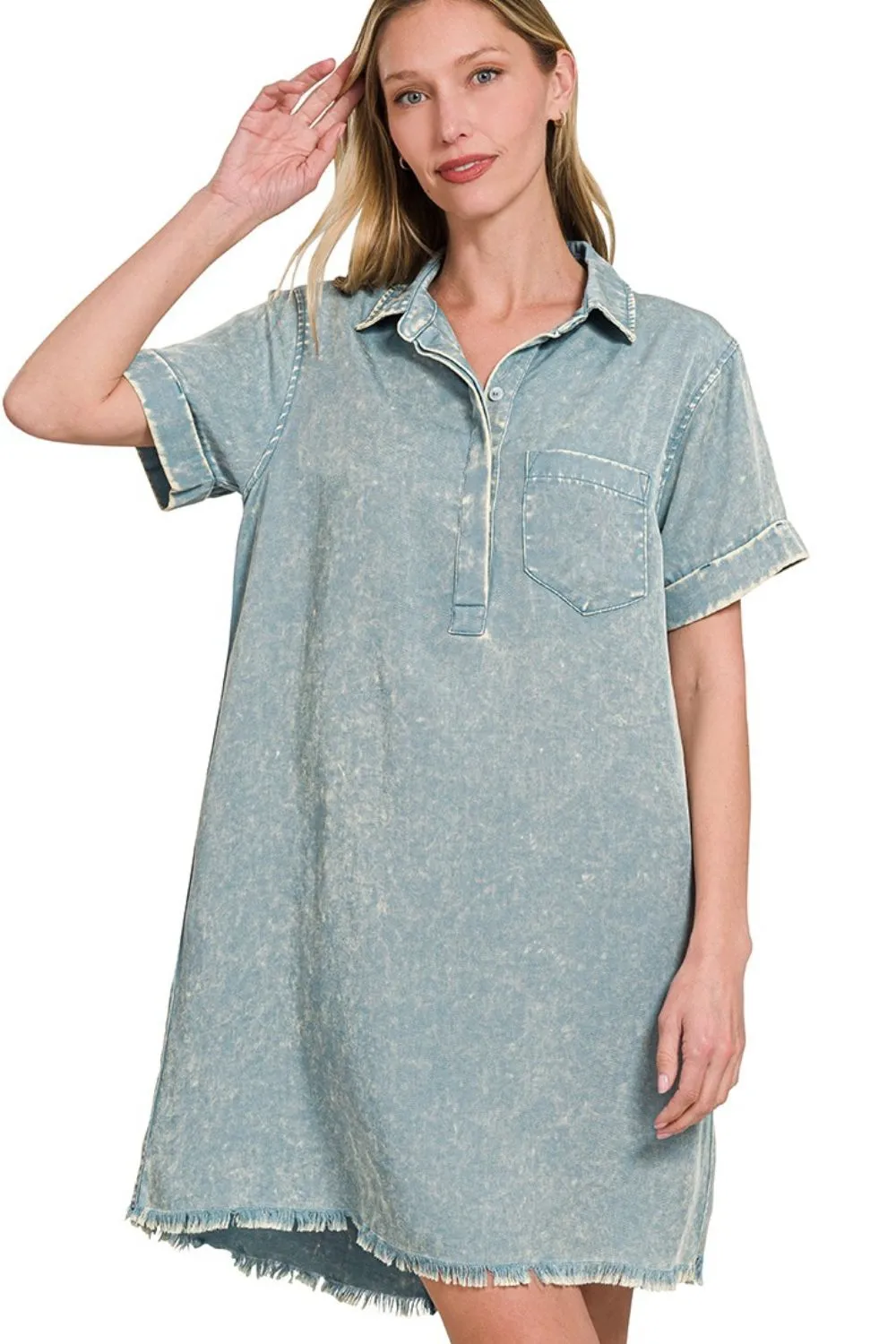 Tencel Mineral Washed Collared Shirts Dress