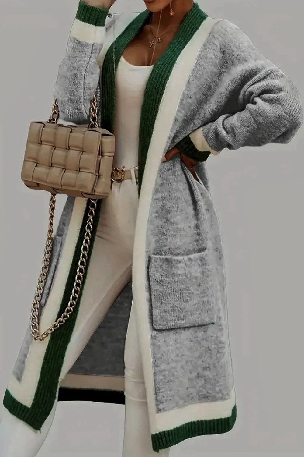 Pocketed Contrast Long Sleeve Hooded Cardigan, image 8