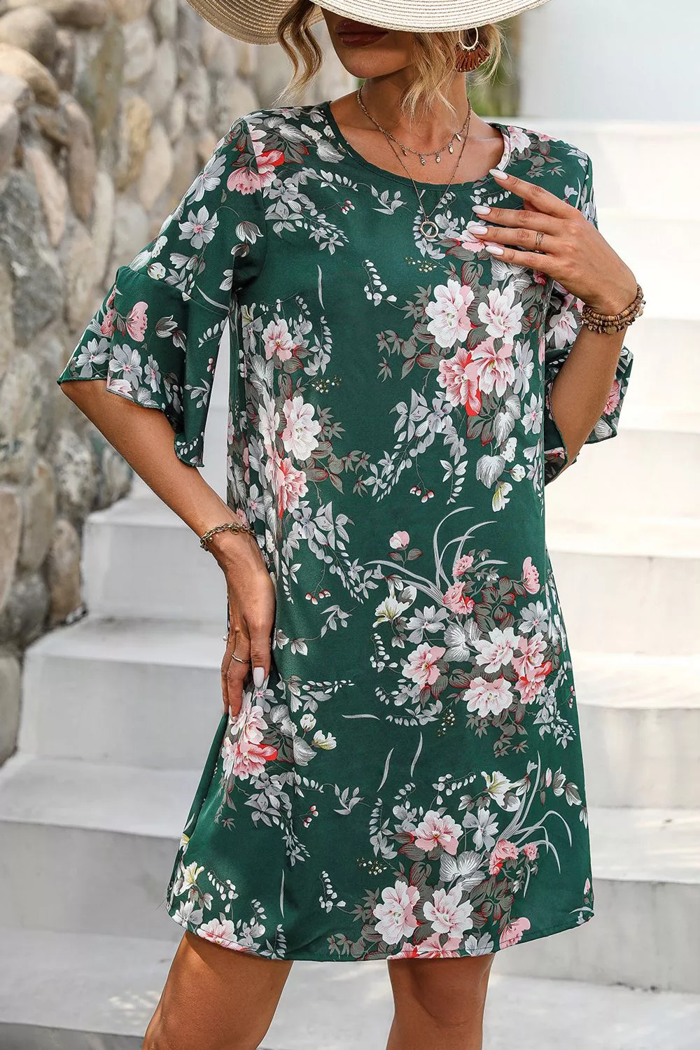 Floral Print Flounce Sleeve Casual Dress, image 2
