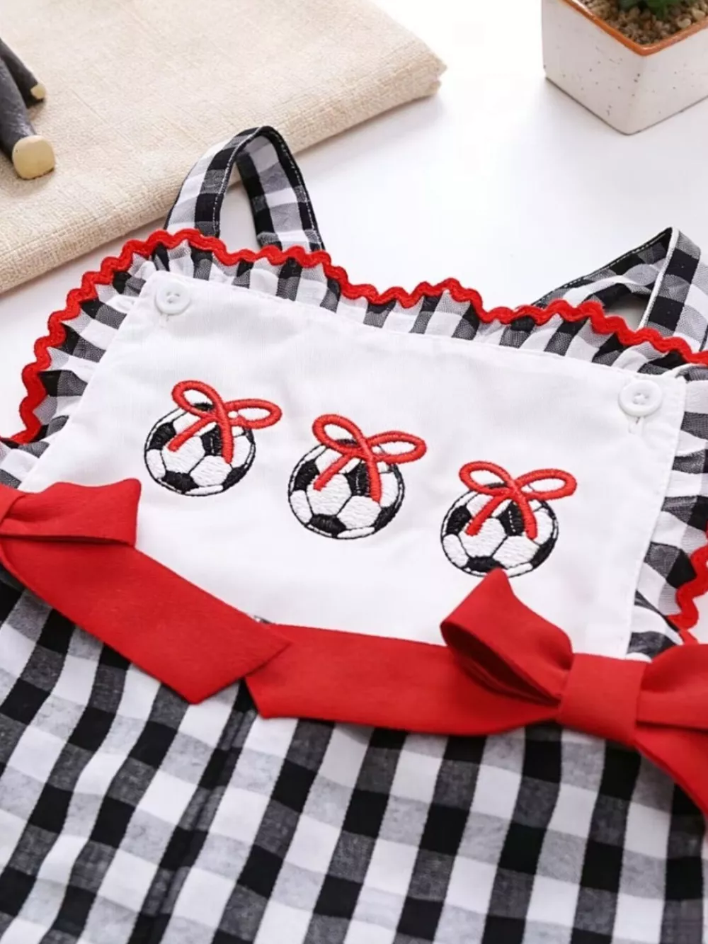 Children's Gingham Soccer Ball Embroidered Ruffle Hem Jumpsuit, image 2
