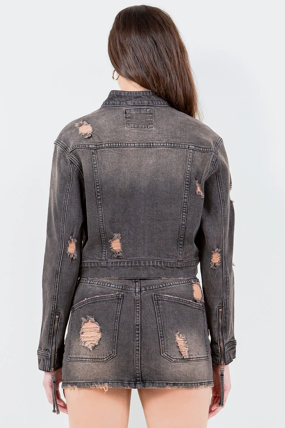 Full Size Distressed Star Stud Trim Denim Rider Jacket Plus Size, image 2