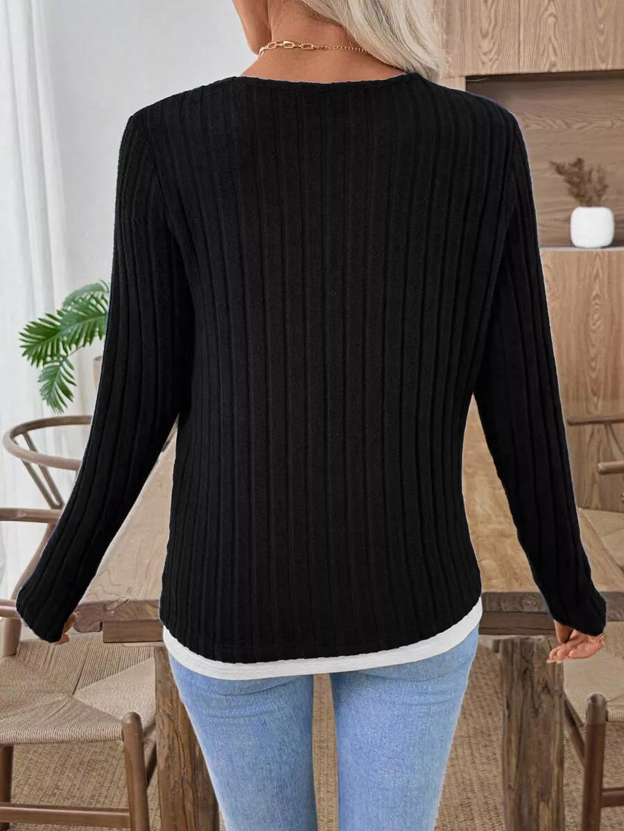 Ribbed Knit Long Sleeve Henley T-Shirt, image 5