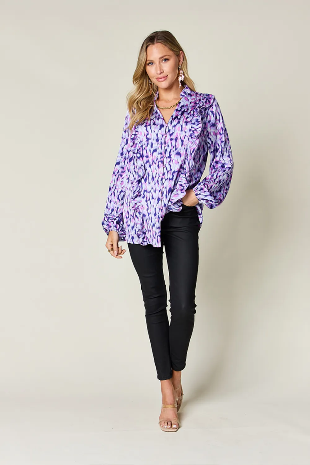 Full Size Printed Ruffle Trim Balloon Sleeve Shirt, image 6