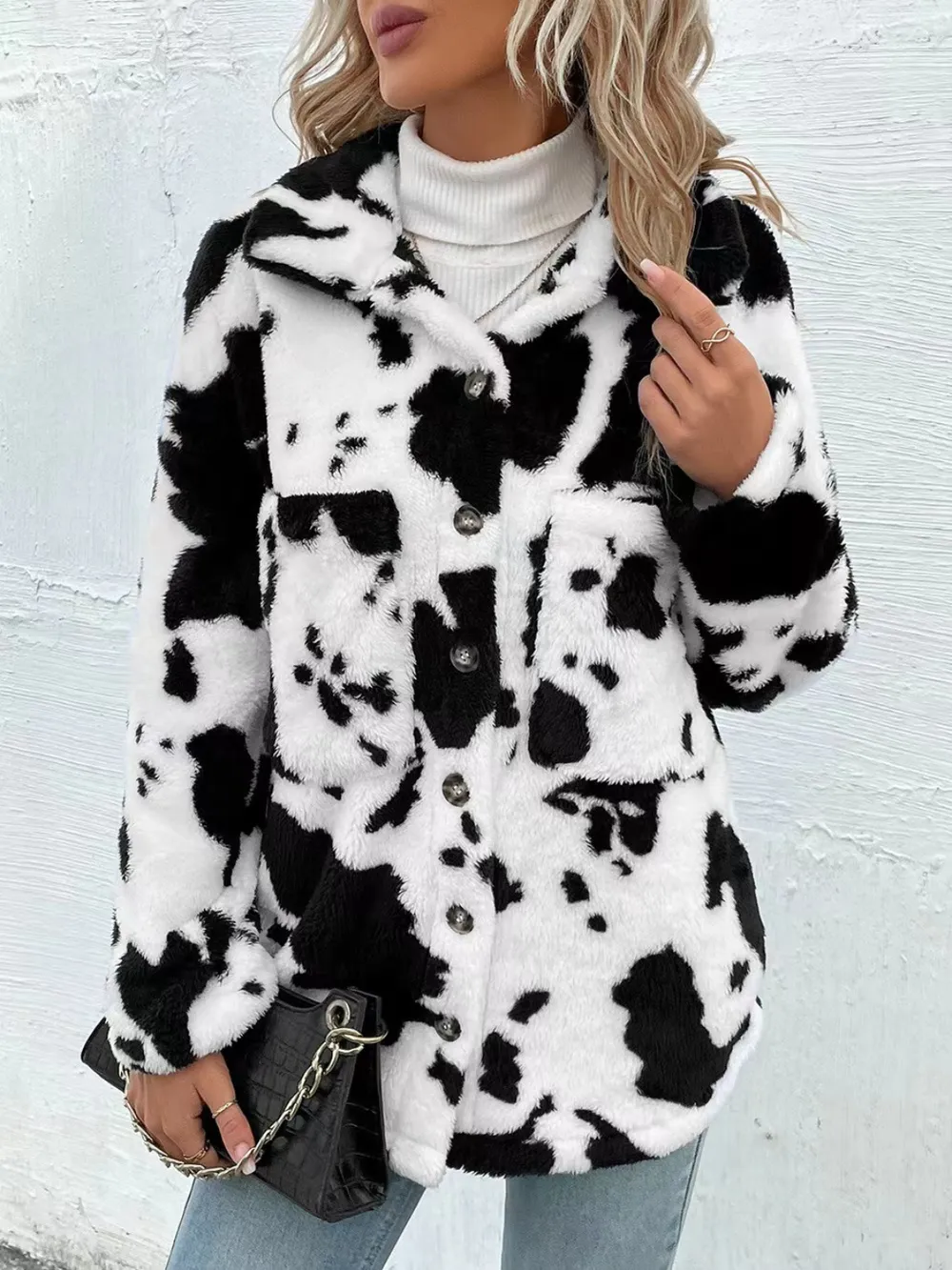 Cow Print Collared Neck Button Up Fuzzy Jacket, image 3