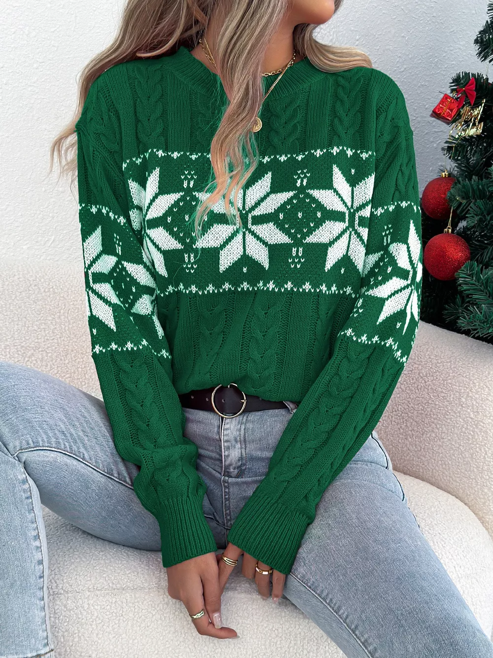 Christmas Snowflake Cable Knit Sweater, image 6