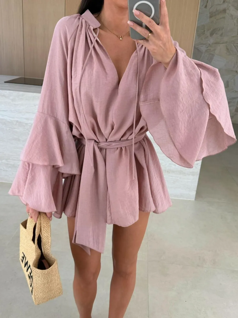 Bell Sleeve Tie Waist Mini Shirt Dress, image 5